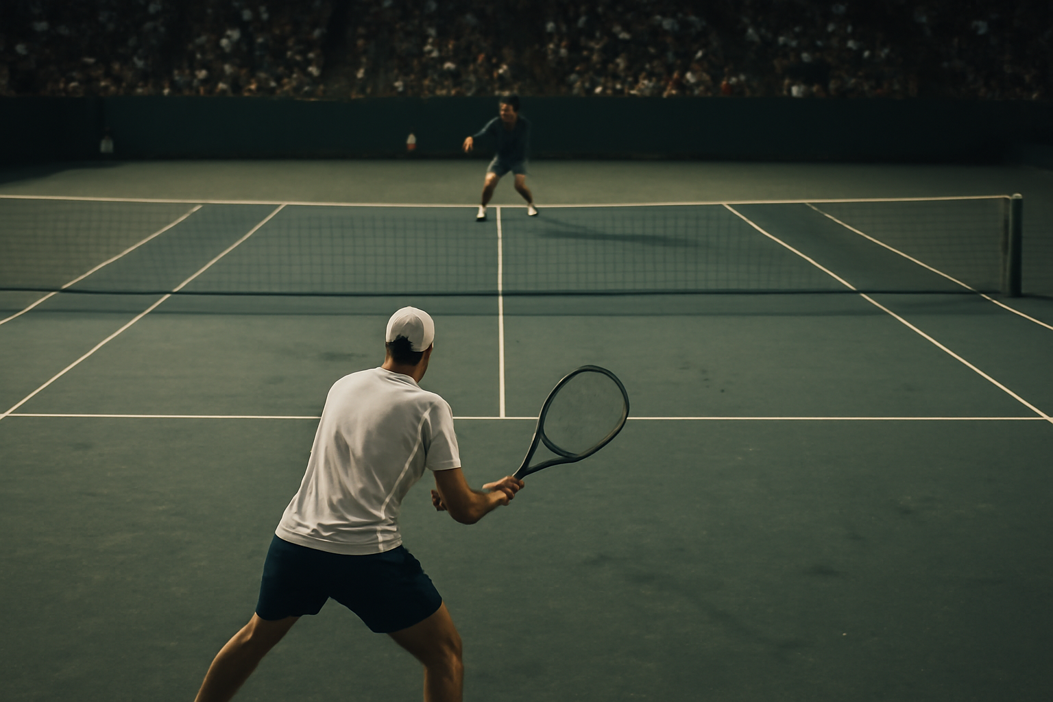 Dua pemain tenis bertukar bola di lapangan keras saat pertandingan berlangsung, dengan bayangan panjang dari lampu stadion