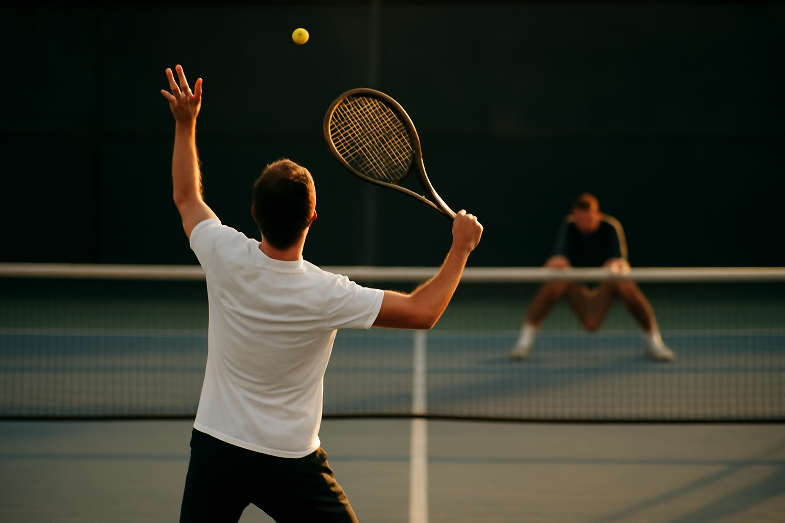 Pemain tenis bersiap melakukan servis di lapangan keras dengan penerima berdiri jauh di belakang baseline