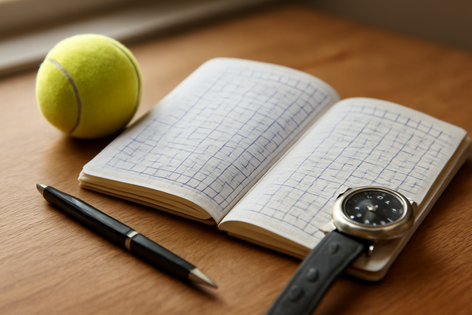Buku catatan berisi lembar skor tenis tulisan tangan di atas meja kayu bersama pena dan bola tenis