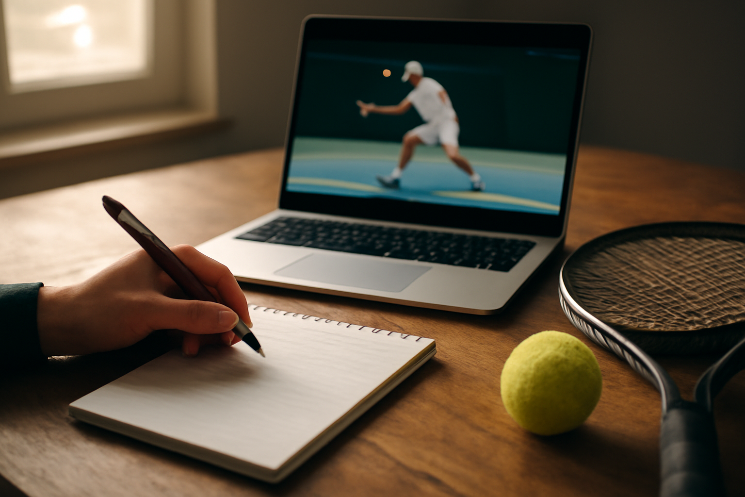 Seseorang mencatat analisis momentum pertandingan tenis sambil menonton rekaman di laptop