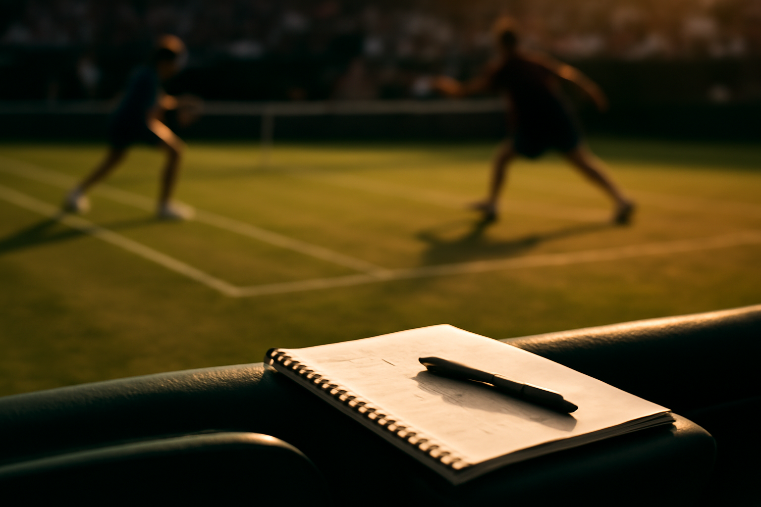 Buku catatan dan pena di kursi penonton saat pertandingan tenis berlangsung di lapangan rumput