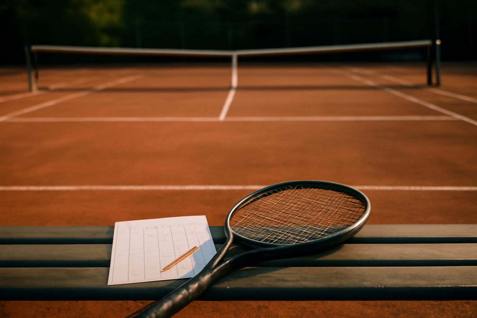 Raket tenis dan lembar catatan skor di bangku pinggir lapangan tenis