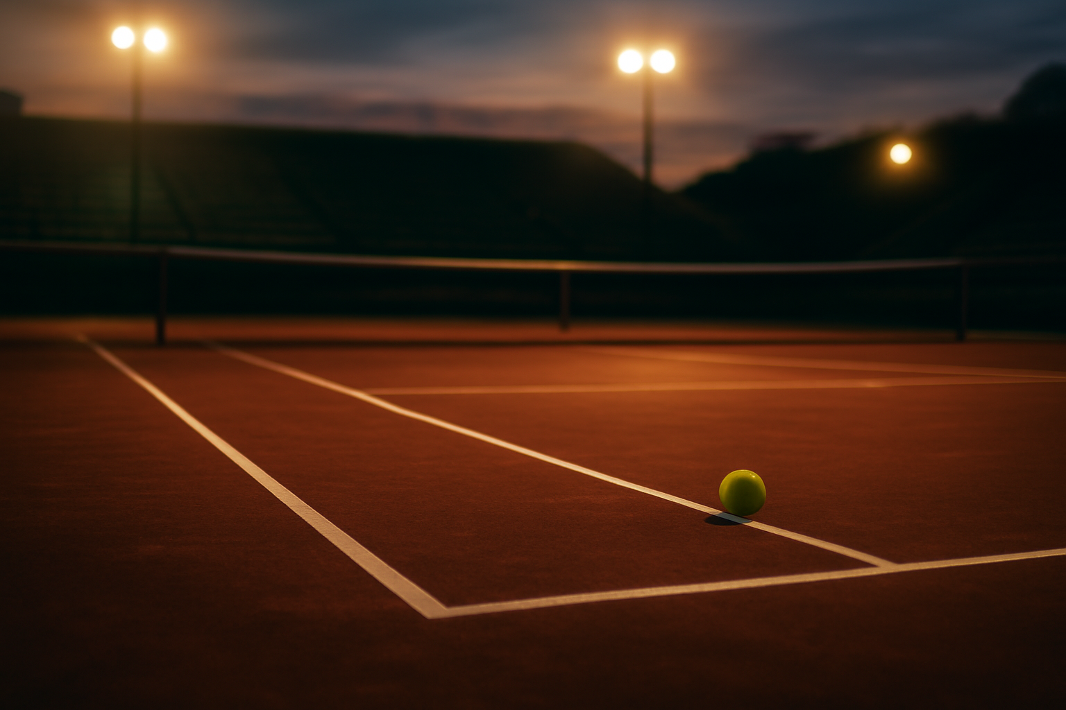 Pemandangan lapangan tenis dari kursi penonton saat lampu stadion menyala