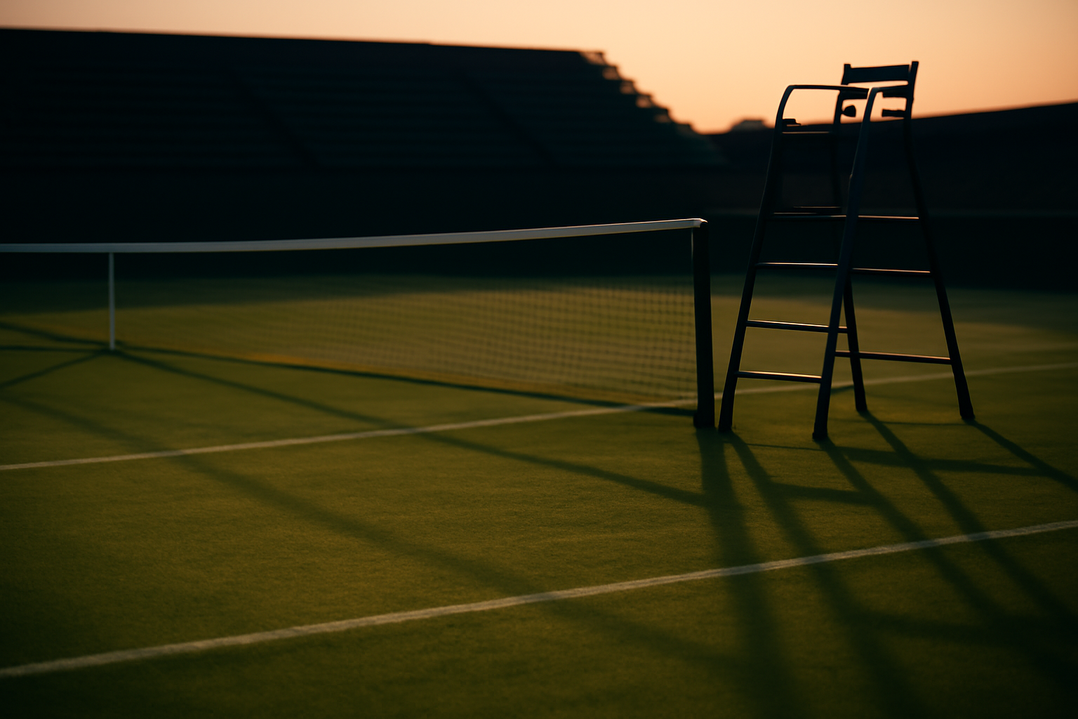 Lapangan tenis rumput saat senja dengan handuk putih di kursi wasit