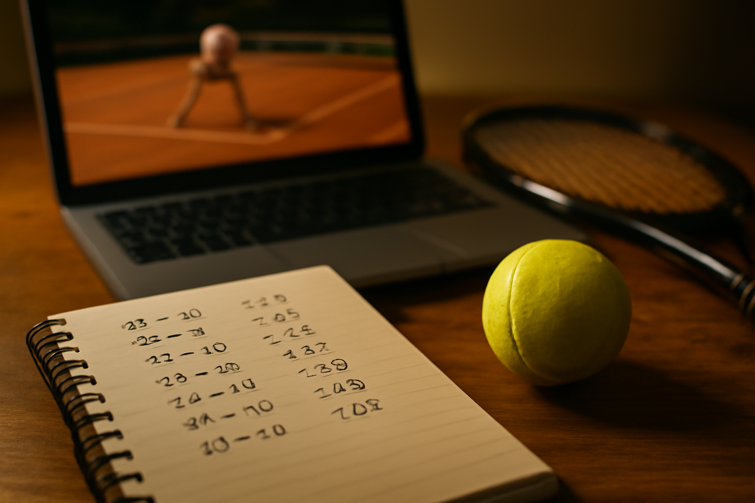 Buku catatan berisi penanda waktu dan skor di samping laptop yang menampilkan pertandingan tenis untuk ditonton ulang