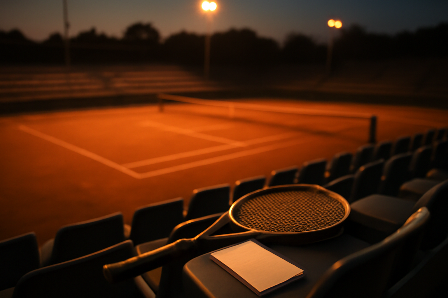 Kursi penonton di tepi lapangan tenis dengan raket dan buku catatan, suasana senja