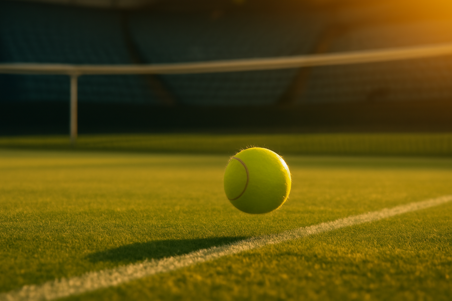 Lapangan tenis rumput saat matahari sore dengan bola memantul di dekat garis baseline