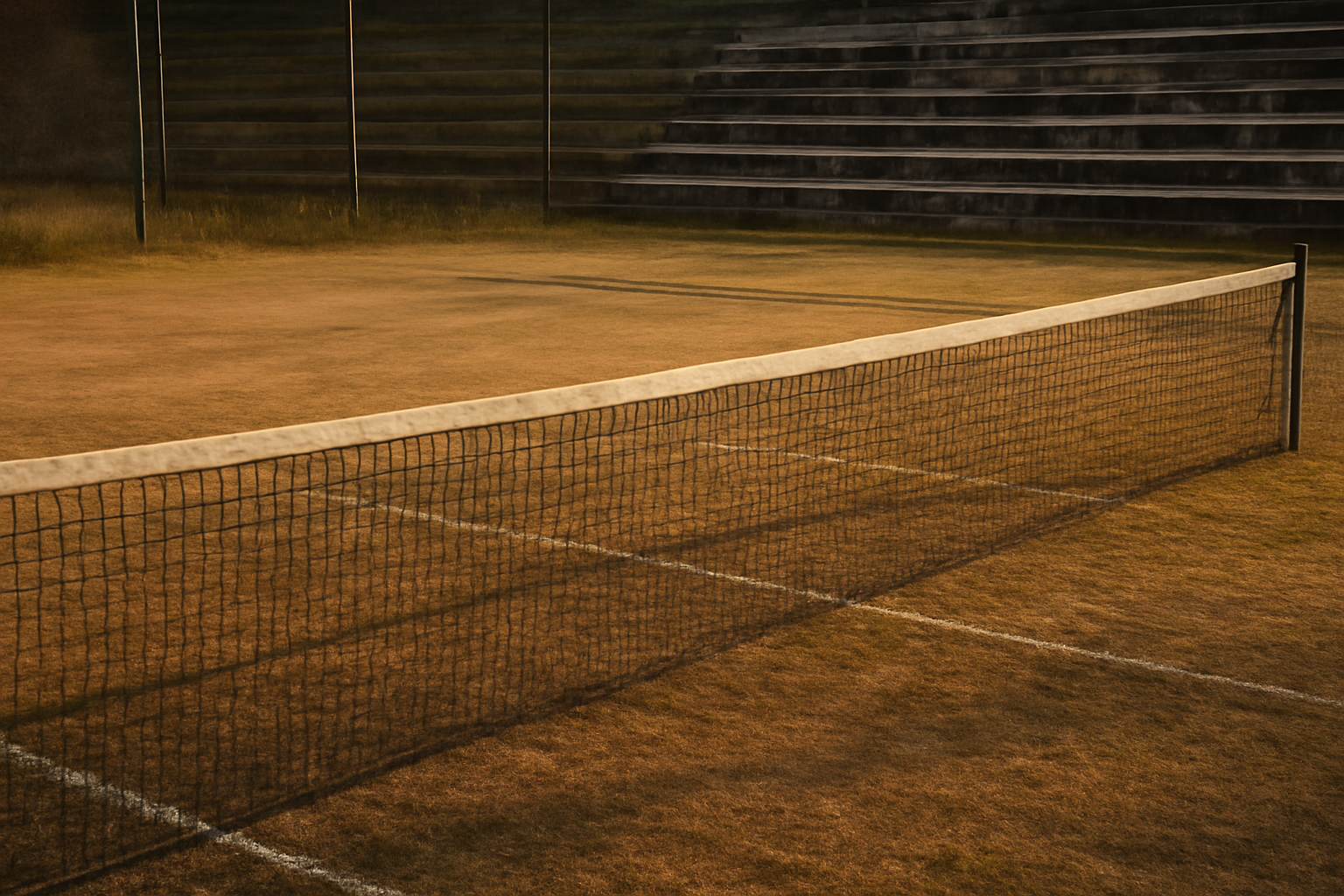 Lapangan tenis rumput saat matahari sore dengan net di bagian depan