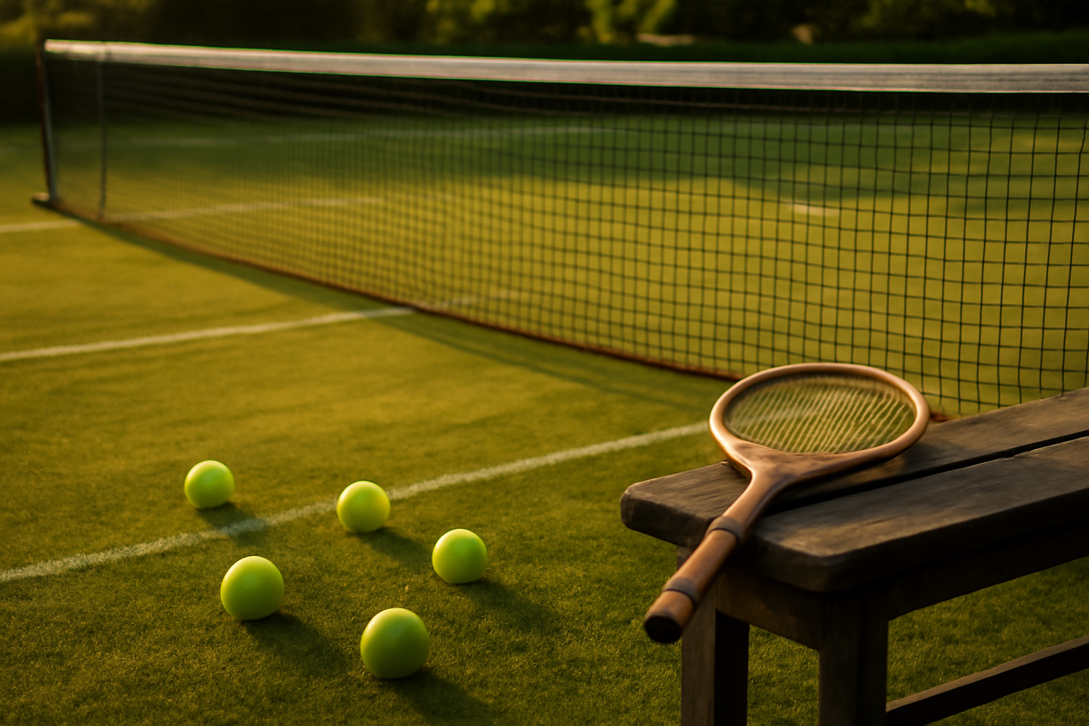 Lapangan tenis rumput dengan bola dan raket di pinggir lapangan pada sore hari